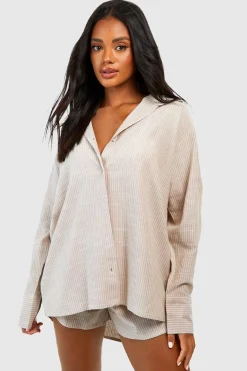 Chemise de pyjama oversize en coton à rayures ton sur ton