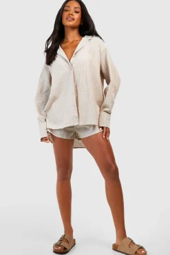 Chemise de pyjama oversize en coton à rayures ton sur ton