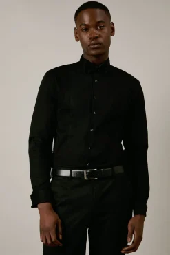 Chemise de Soirée Ajustée à Col Cassé et Plastron Manches Longues Noire