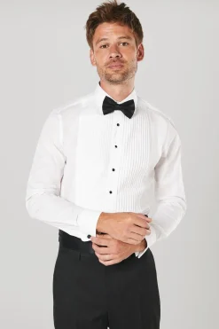 Chemise de soirée blanche coupe slim à plastron plissé manches longues