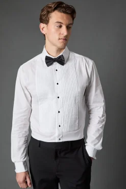 Chemise de Ville Blanche à Plis Devant Coupe Ajustée Manches Longues