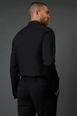 Chemise de Ville Noire à Plis Devant Coupe Ajustée Manches Longues