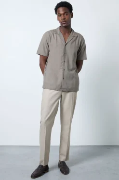Chemise De Villégiature Kaki À Manches Courtes En Mélange De Lin