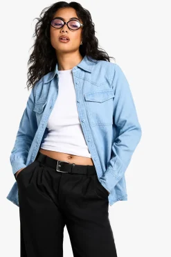 boohoo Chemise en chambray denim à manches longues<Femme Denim|Denim