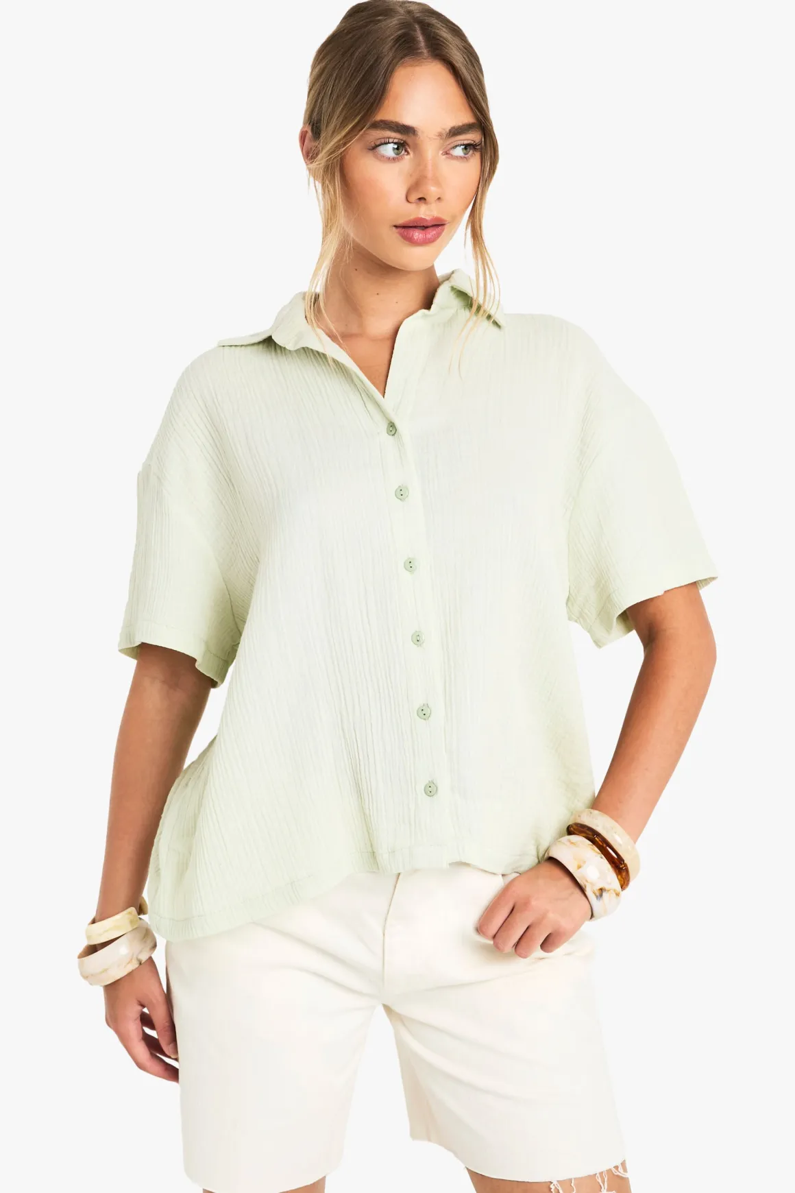 Chemise en coton froissé à manches courtes