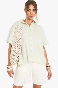 Chemise en coton froissé à manches courtes