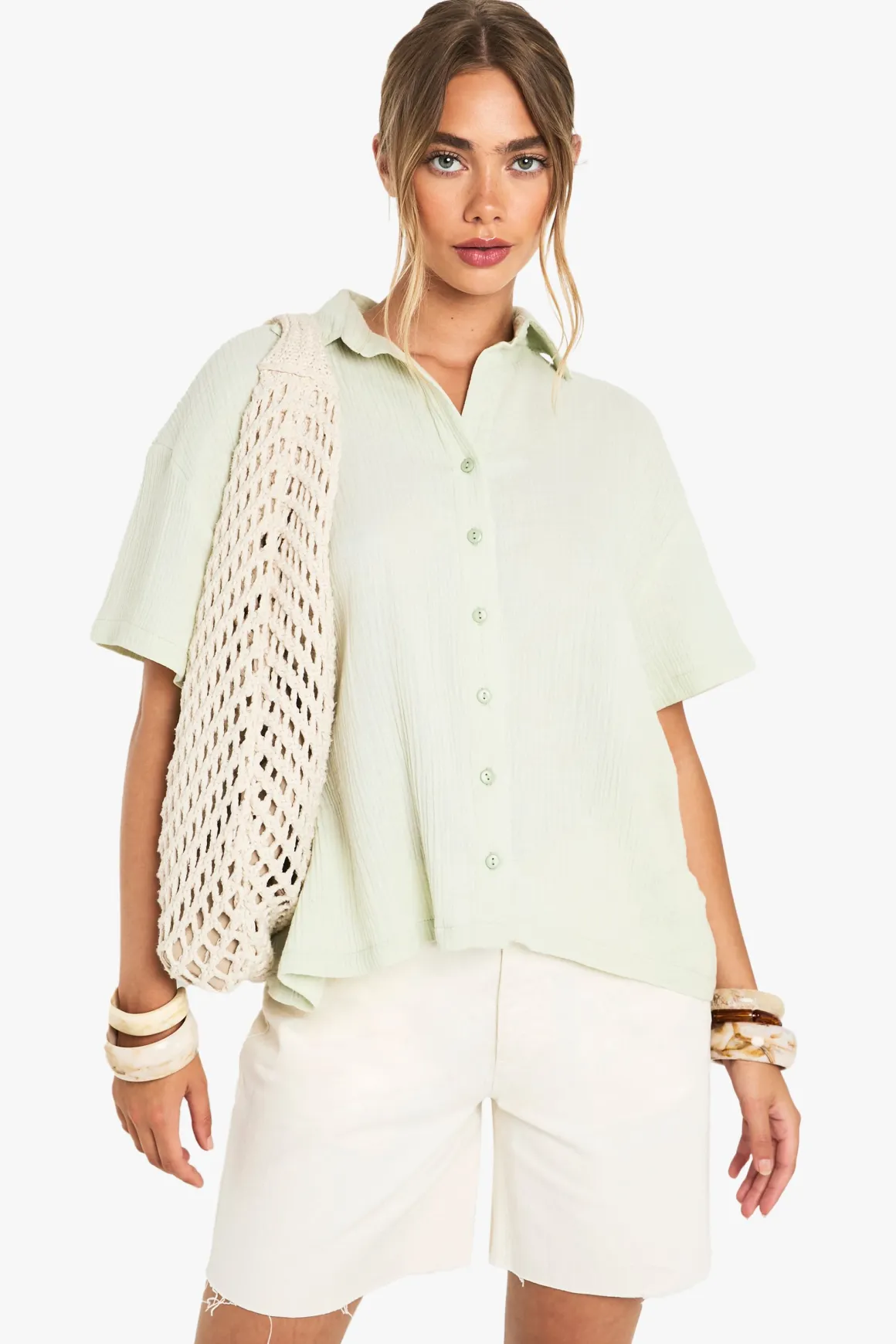 Chemise en coton froissé à manches courtes