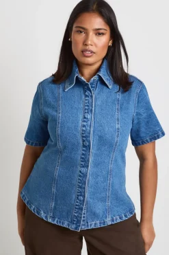 Chemise En Denim Avec Détails De Coutures Grande Taille