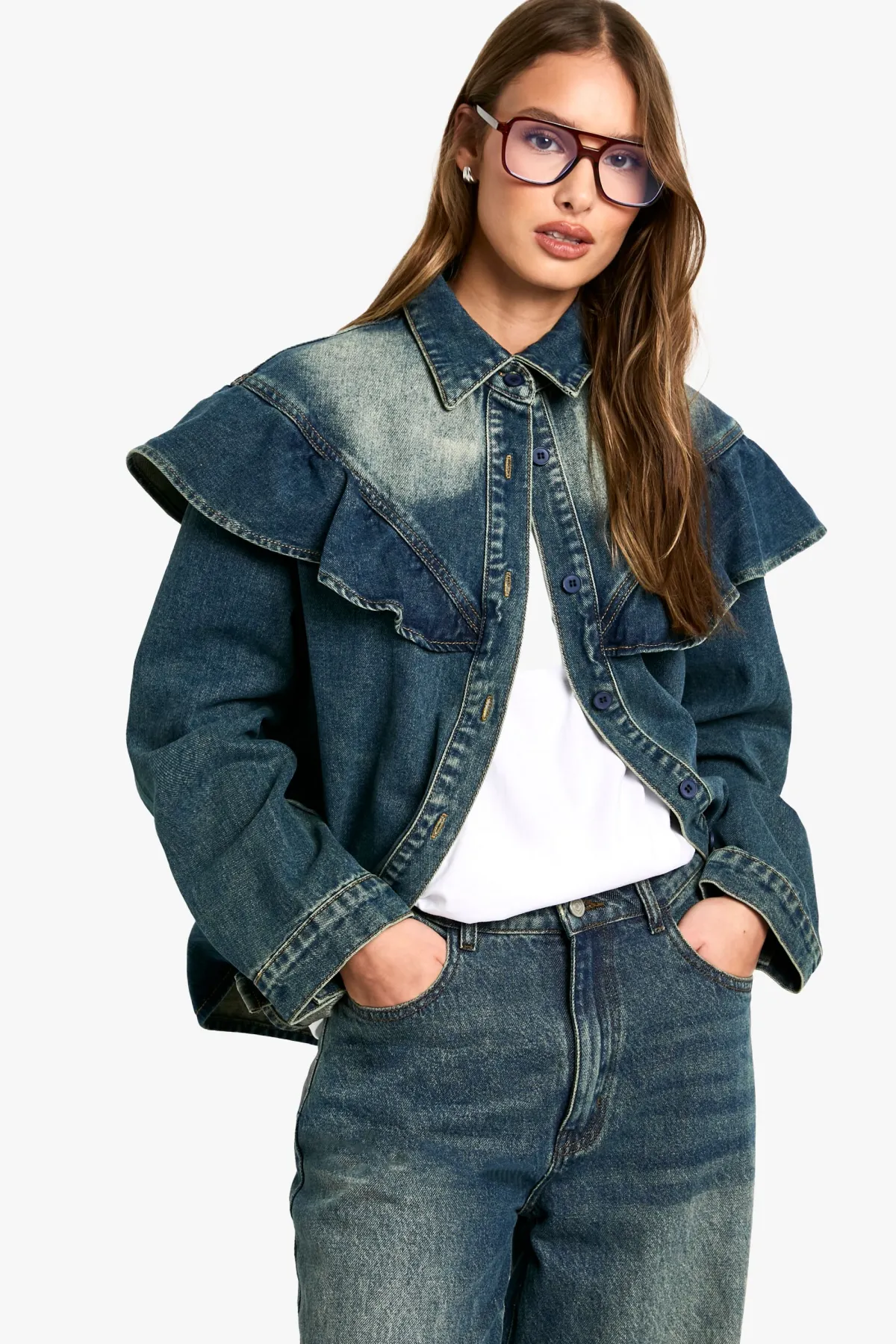 boohoo Chemise en denim avec détails à volants<Femme Denim|Denim