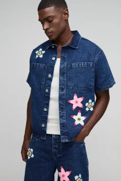 Chemise en denim Boxy Revere à crochet appliqué avec étoile
