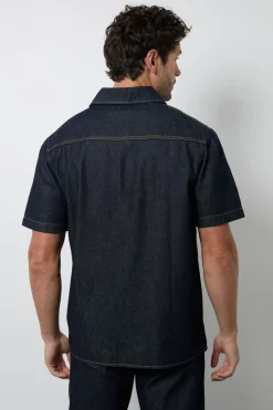 Chemise En Denim Brut Bleu Foncé À Manches Courtes