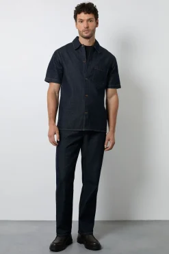 Chemise En Denim Brut Bleu Foncé À Manches Courtes