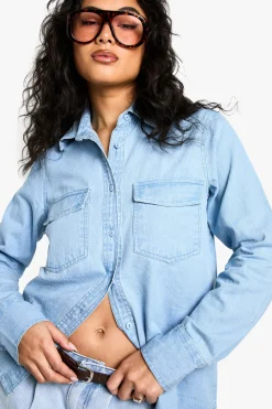 boohoo Chemise en denim chambray à manches longues<Femme Denim|Denim