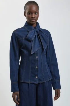 KarenMillen Chemise En Denim À Col Lavallière Boutonnée<Femme Denim|Tops D’Automne
