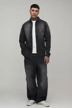 boohooMAN Chemise En Denim Délavé À Éclaboussures De Peinture Coupe Droite Régulière Haute<Homme Denim|Tout Afficher