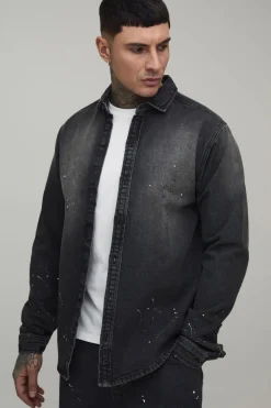 boohooMAN Chemise En Denim Délavé À Éclaboussures De Peinture Coupe Droite Régulière Haute<Homme Denim|Tout Afficher