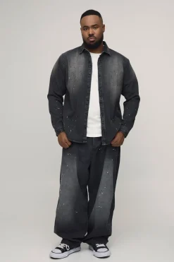Chemise en Denim Délavé à Éclaboussures de Peinture Coupe Regular Plus