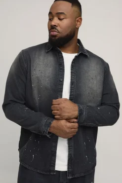 Chemise en Denim Délavé à Éclaboussures de Peinture Coupe Regular Plus