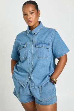Chemise En Denim Grande Taille À Poches Boutonnées