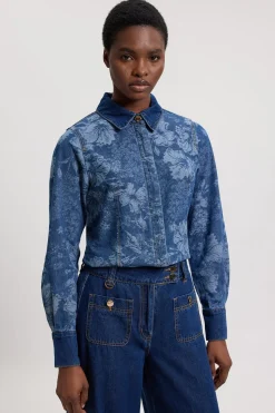 Chemise En Denim Jacquard Avec Col Et Poignets Contrastés