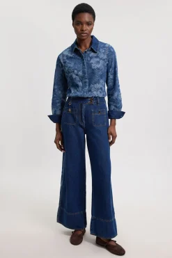 Chemise En Denim Jacquard Avec Col Et Poignets Contrastés