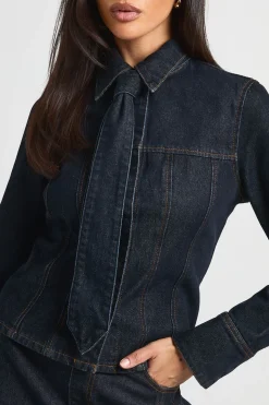 Chemise En Denim À Manches Longues Cintrée Avec Cravate
