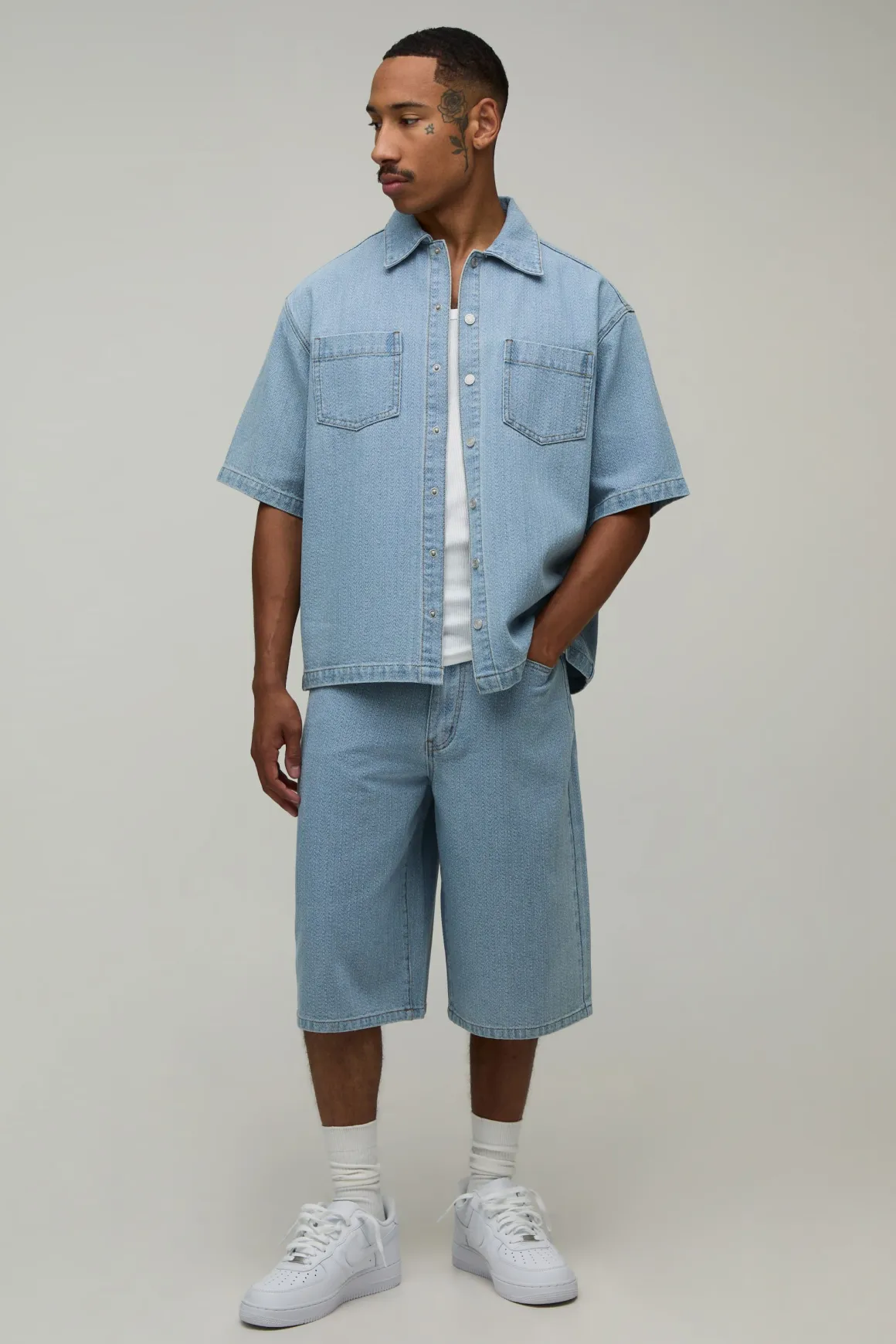 Chemise En Denim Oversize À Chevrons Assortie