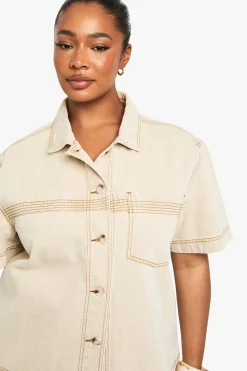 boohoo Chemise en denim plus lavée avec détails de couture<Femme Denim|Tops D’Automne