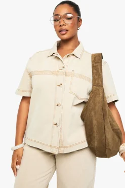 boohoo Chemise en denim plus lavée avec détails de couture<Femme Denim|Tops D’Automne