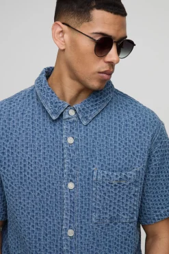 Chemise en denim texturée Revere à coupe boxy