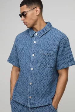 Chemise en denim texturée Revere à coupe boxy
