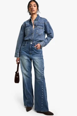 boohoo Chemise en denim western cloutée<Femme Denim|Denim
