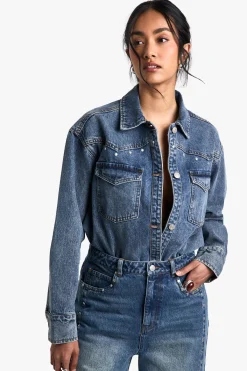 boohoo Chemise en denim western cloutée<Femme Denim|Denim