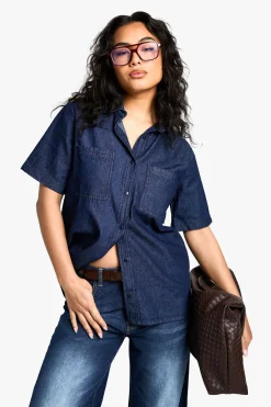 boohoo Chemise en jean chambray à manches courtes<Femme Denim|Tops D’Automne