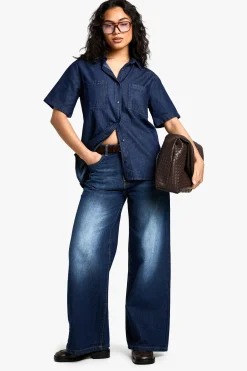 boohoo Chemise en jean chambray à manches courtes<Femme Denim|Tops D’Automne