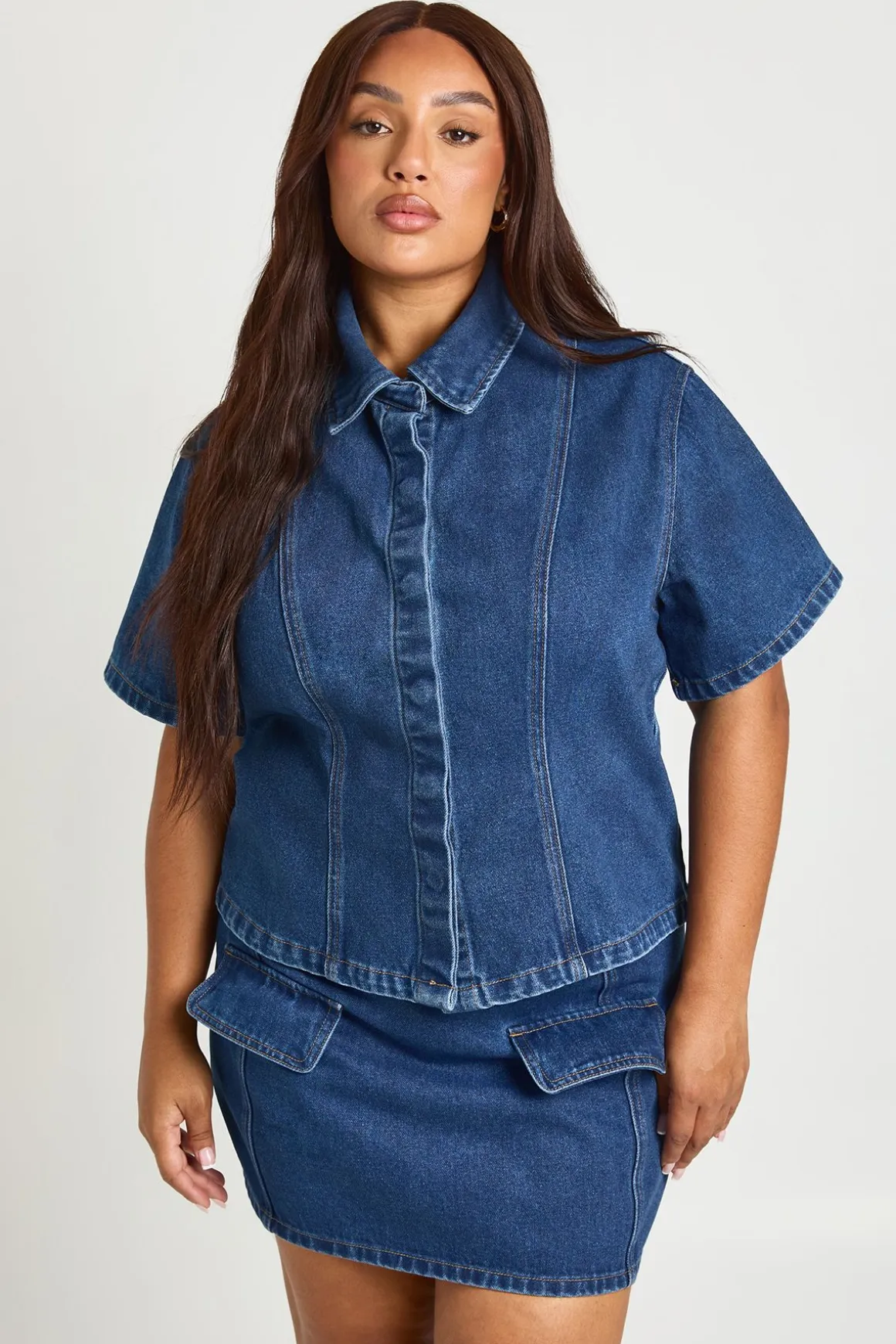 Chemise En Jean Cintrée À Patte De Boutonnage Dissimulée Plus