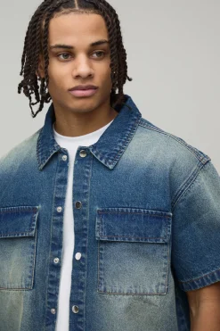 boohooMAN Chemise en Jean Délavé Coupe Ample avec Détails de Poches<Homme Ensembles|Denim