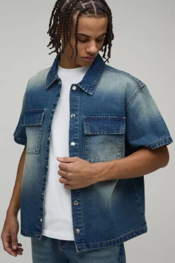 boohooMAN Chemise en Jean Délavé Coupe Ample avec Détails de Poches<Homme Ensembles|Denim