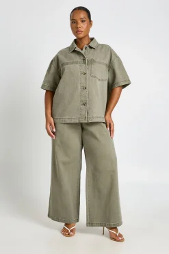Chemise En Jean Délavé À Manches Courtes Grande Taille