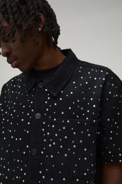 boohooMAN Chemise En Jean Délavé Oversize Ample À Col Revere Avec Strass<Homme Denim|Ensembles Grandes Tailles