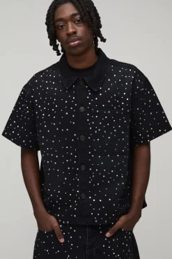 boohooMAN Chemise En Jean Délavé Oversize Ample À Col Revere Avec Strass<Homme Denim|Ensembles Grandes Tailles