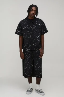 boohooMAN Chemise En Jean Délavé Oversize Ample À Col Revere Avec Strass<Homme Denim|Ensembles Grandes Tailles