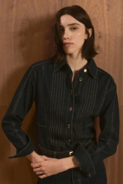 Chemise en Jean à Détails de Couture Corset