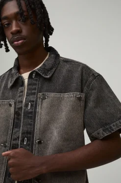 boohooMAN Chemise En Jean Oversize Boxy Avec Panneau Charpentier Amovible<Homme Denim|Ensembles Grandes Tailles