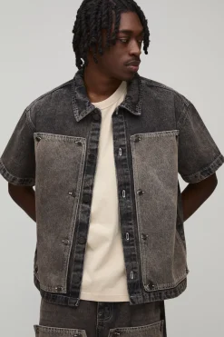 boohooMAN Chemise En Jean Oversize Boxy Avec Panneau Charpentier Amovible<Homme Denim|Ensembles Grandes Tailles