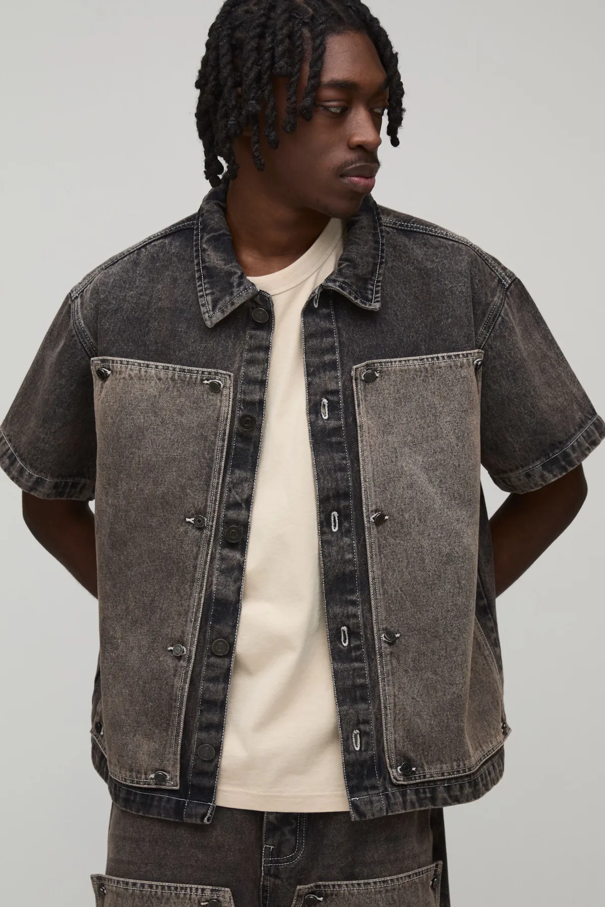 boohooMAN Chemise En Jean Oversize Boxy Avec Panneau Charpentier Amovible<Homme Denim|Ensembles Grandes Tailles
