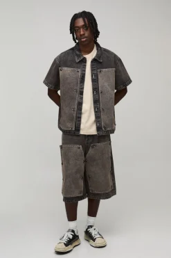 boohooMAN Chemise En Jean Oversize Boxy Avec Panneau Charpentier Amovible<Homme Denim|Ensembles Grandes Tailles