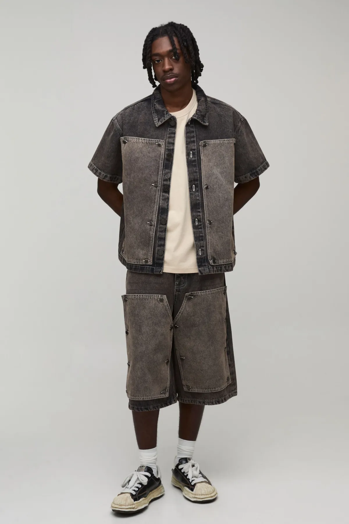 boohooMAN Chemise En Jean Oversize Boxy Avec Panneau Charpentier Amovible<Homme Denim|Ensembles Grandes Tailles