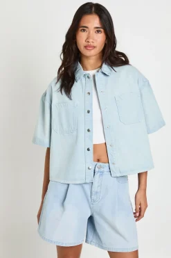 boohoo Chemise En Jean Oversize À Manches Courtes<Femme Denim|Denim