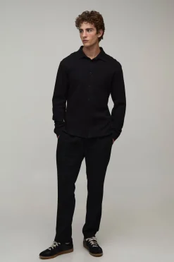 Chemise En Jersey Piqué Coupe Slim À Col Boutonné Et Manches Longues